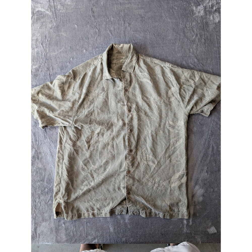 Tommy Bahama Mens Large 100% Silk Floral Jacquard Button Down Shirt Sage Green